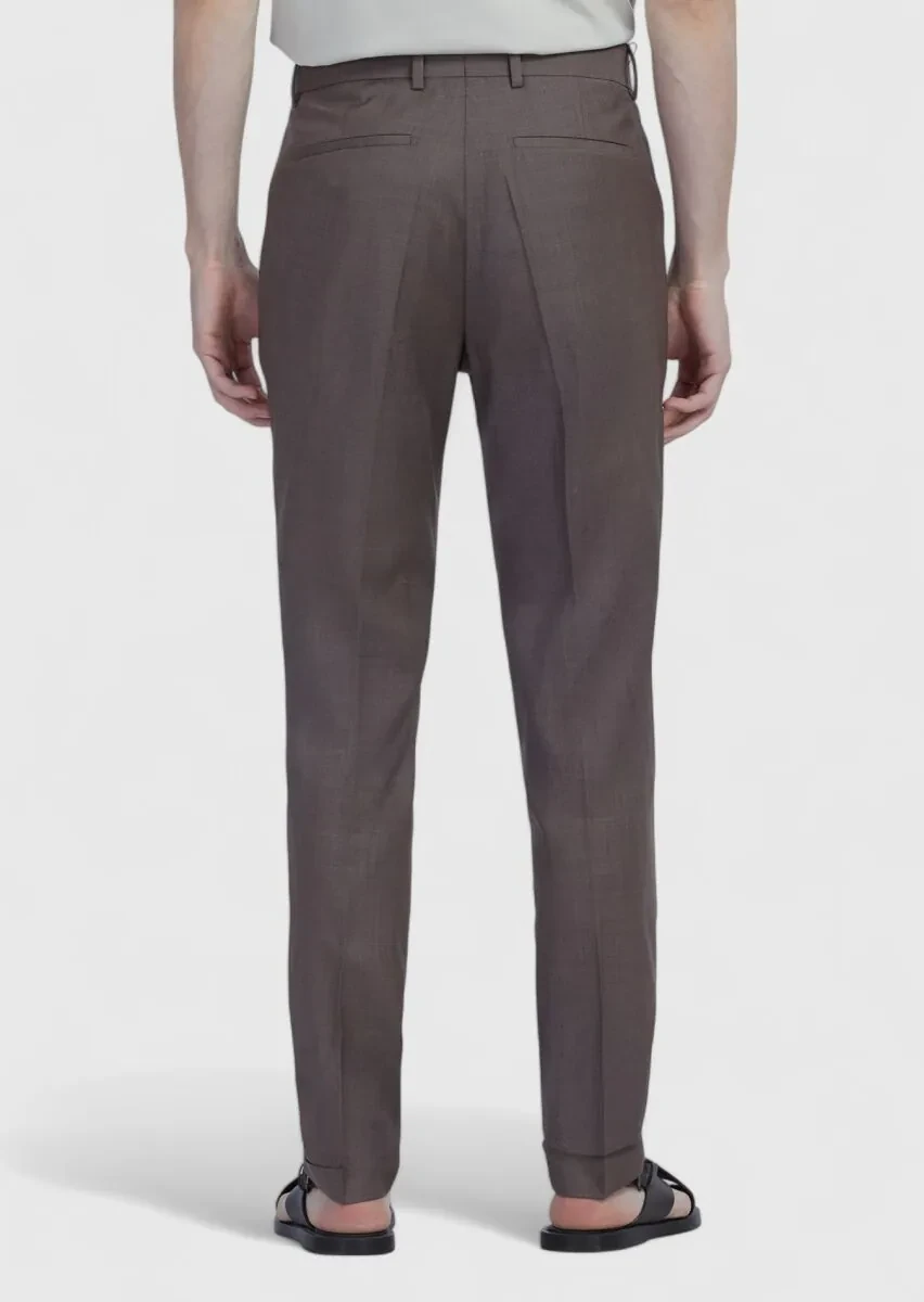 Light Brown Material Slim Fit Casual 100% Wool Trousers - 5