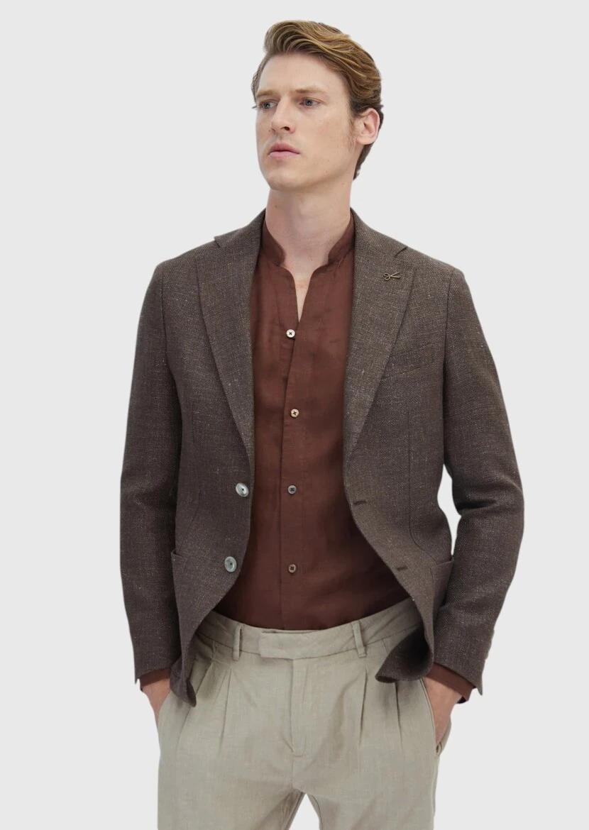 Light Brown Micro Comfort Fit Wool Blended Jacket - 1