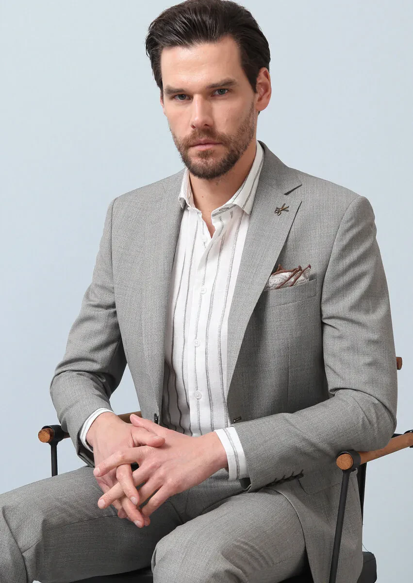 Light Brown Patterned Modern Fit 100% Wool Suit - 1