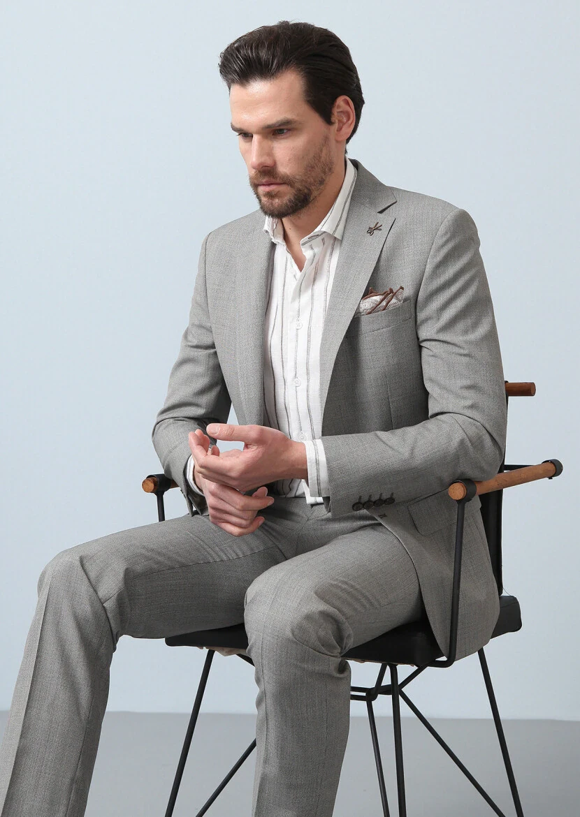 Light Brown Patterned Modern Fit 100% Wool Suit - 3