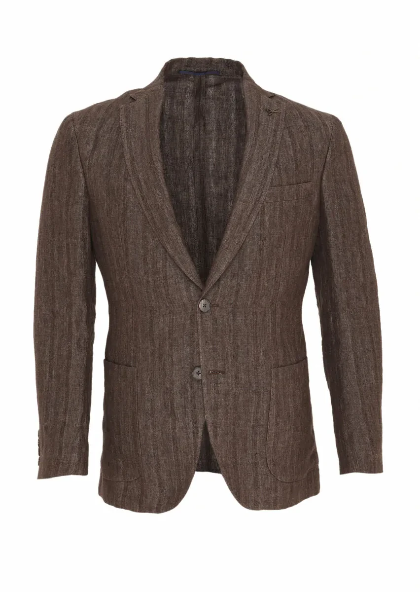 Light Brown Patterned Shirt Shoulder Slim Fit 100% Linen Jacket - 6