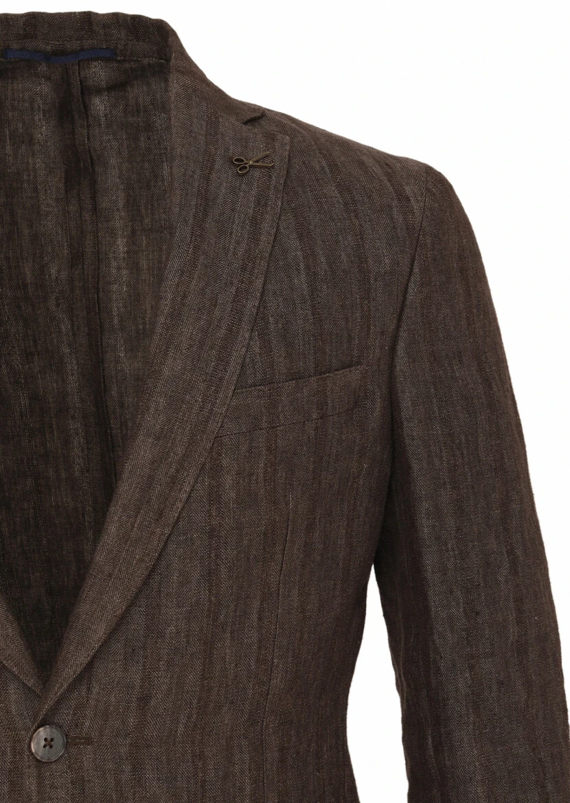 Light Brown Patterned Shirt Shoulder Slim Fit 100% Linen Jacket - 7