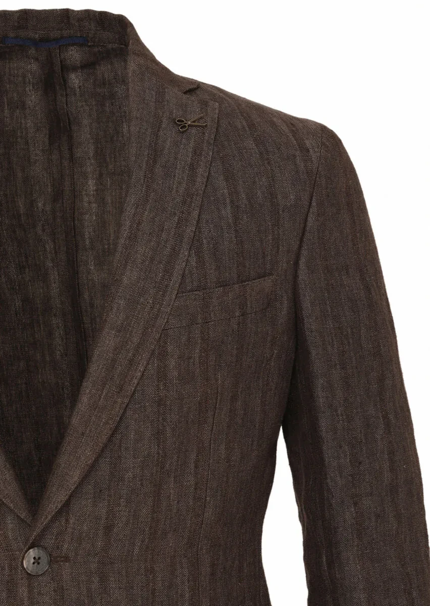 Light Brown Patterned Shirt Shoulder Slim Fit 100% Linen Jacket - 7