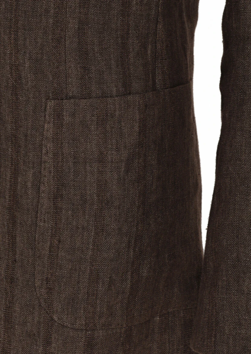 Light Brown Patterned Shirt Shoulder Slim Fit 100% Linen Jacket - 8