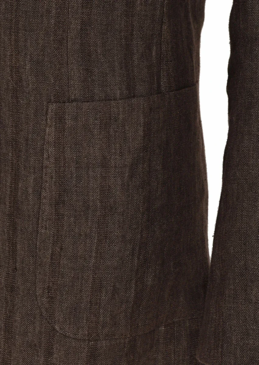 Light Brown Patterned Shirt Shoulder Slim Fit 100% Linen Jacket - 8