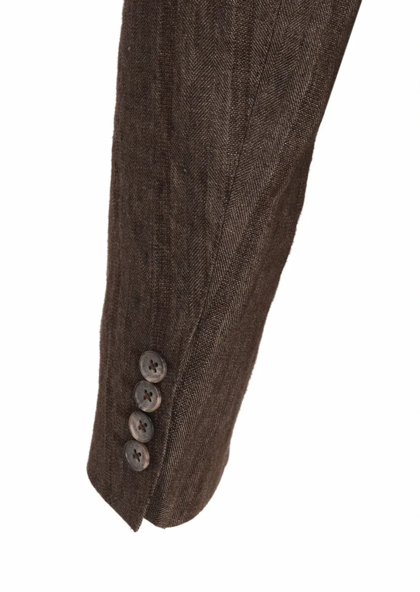 Light Brown Patterned Shirt Shoulder Slim Fit 100% Linen Jacket - 9