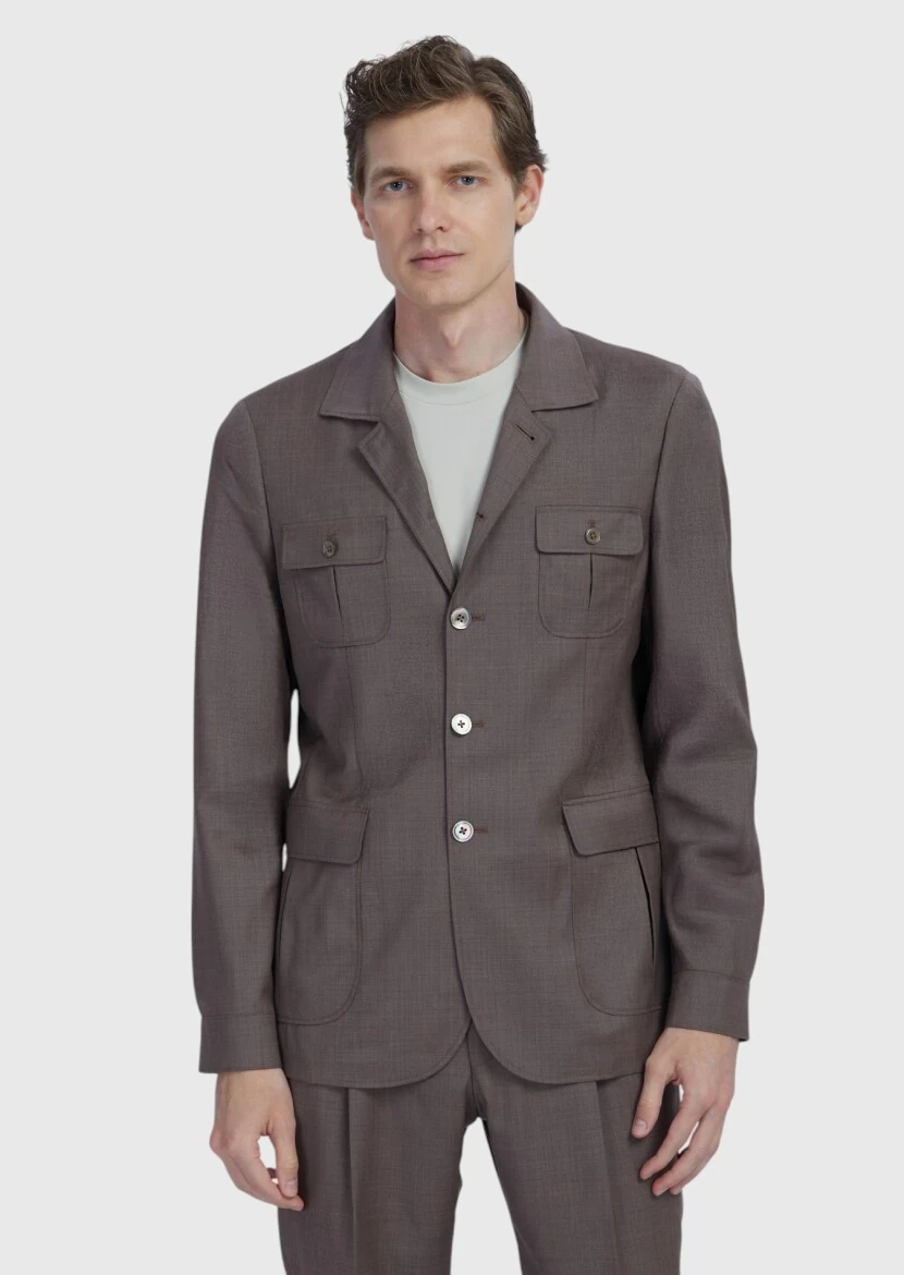 Light Brown Plain Shirt Shoulder Slim Fit 100% Wool Jacket - RAMSEY