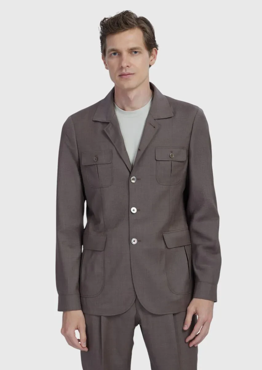 Light Brown Plain Shirt Shoulder Slim Fit 100% Wool Jacket - 1