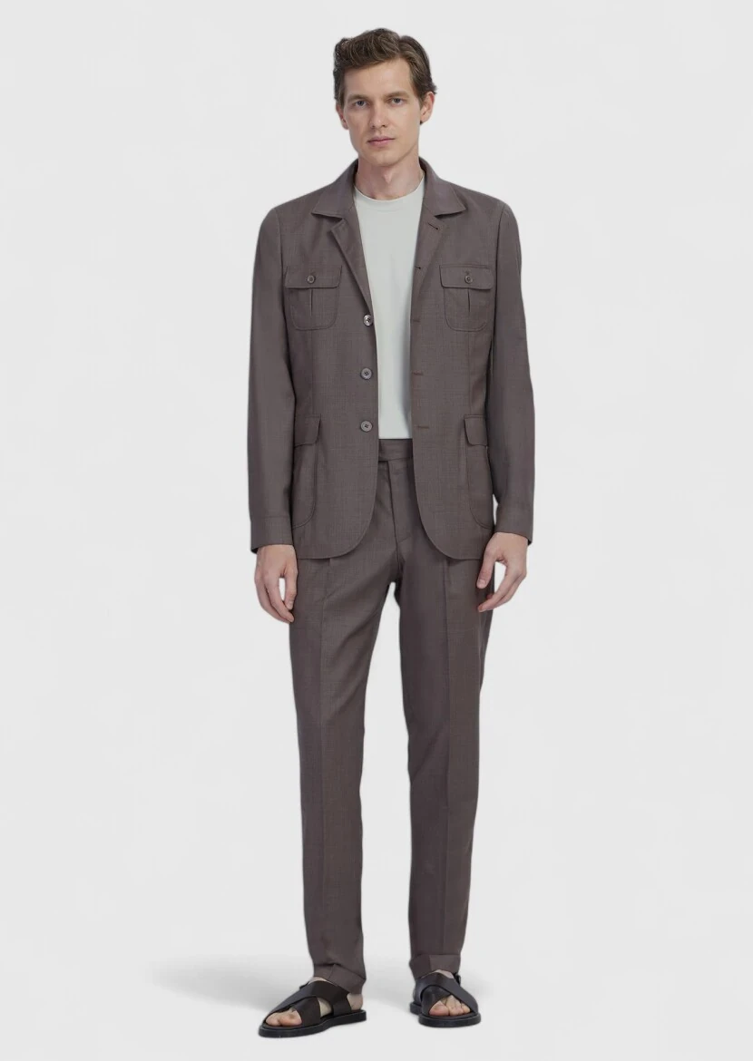 Light Brown Plain Shirt Shoulder Slim Fit 100% Wool Jacket - RAMSEY