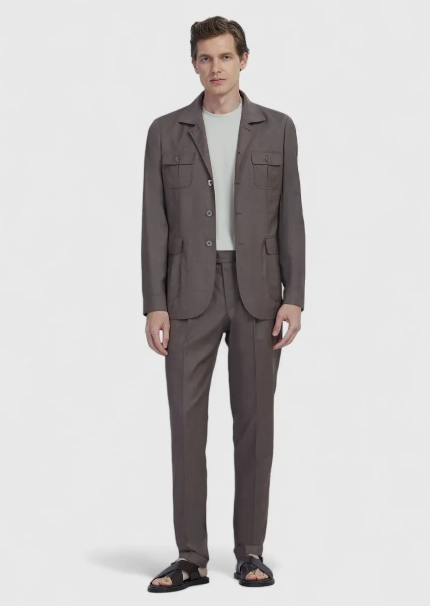 Light Brown Plain Shirt Shoulder Slim Fit 100% Wool Jacket - 2