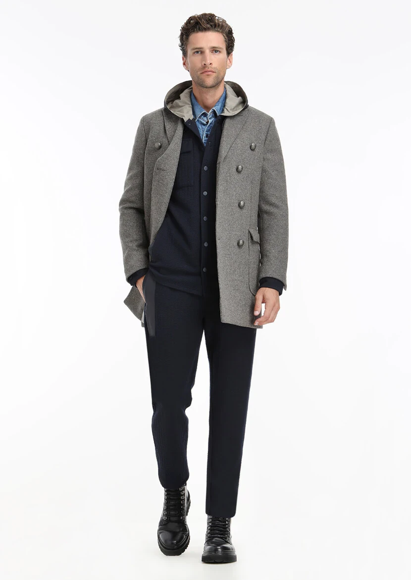 Light Brown Regular Fit Double Breasted Collar Casual Knitting Overcoat - 1