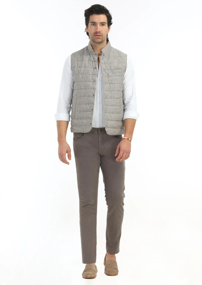 Light Brown Regular Fit Mandarin Collar Casual Weaving Puffer Vest - 1