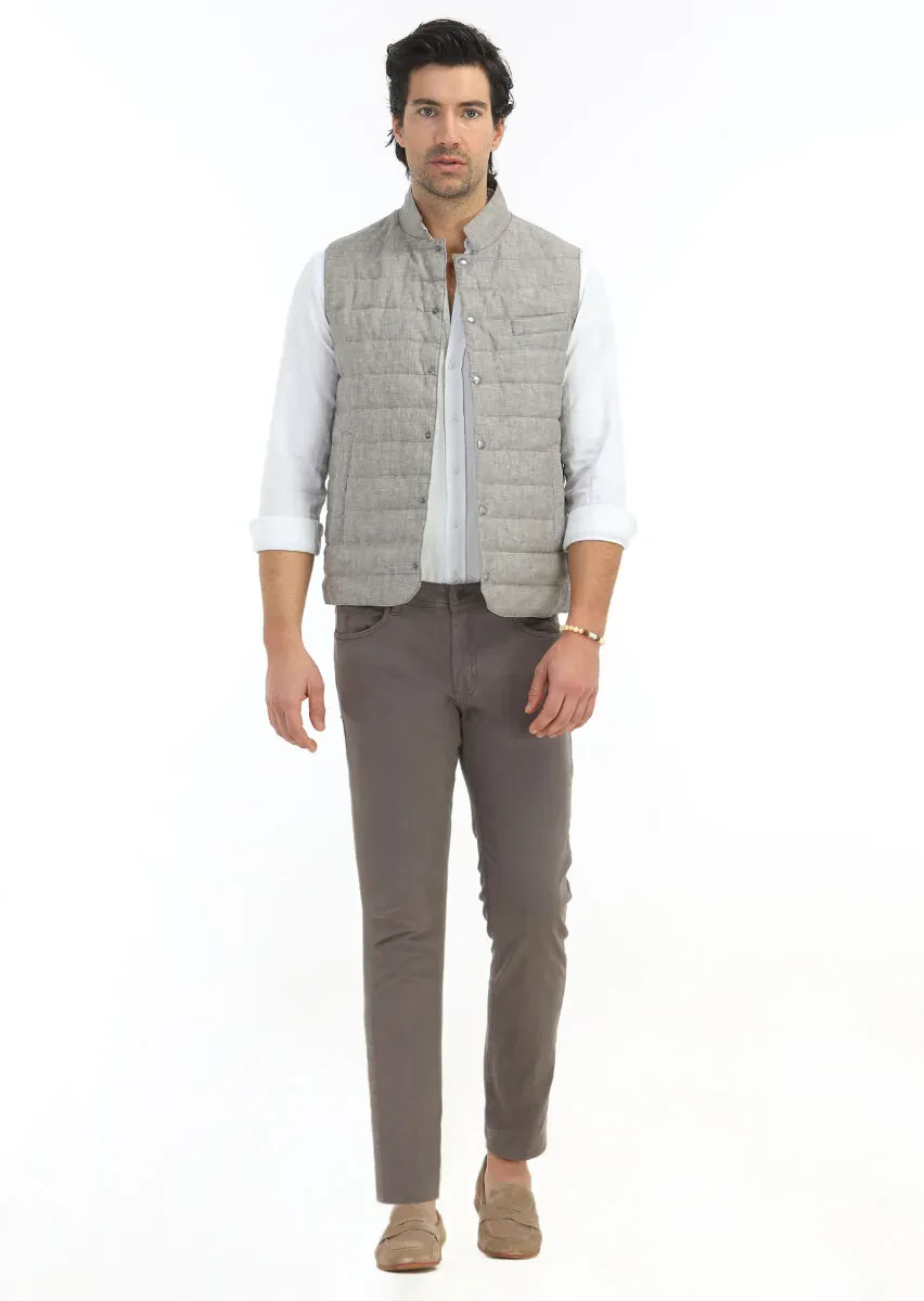 Light Brown Regular Fit Mandarin Collar Casual Weaving Puffer Vest - 1