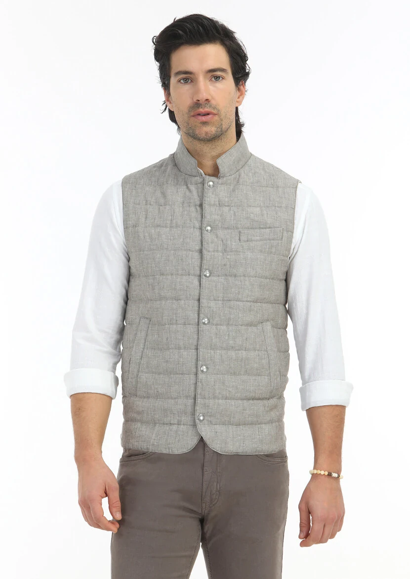 Light Brown Regular Fit Mandarin Collar Casual Weaving Puffer Vest - 2