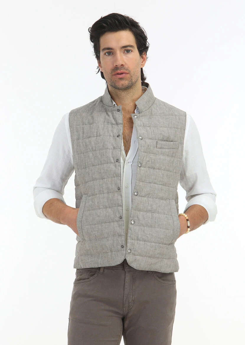 Light Brown Regular Fit Mandarin Collar Casual Weaving Puffer Vest - 3