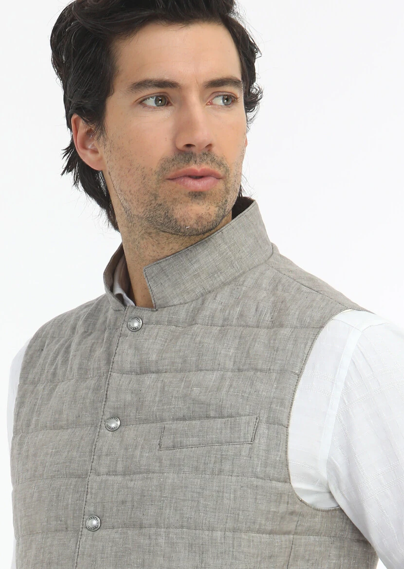 Light Brown Regular Fit Mandarin Collar Casual Weaving Puffer Vest - 4