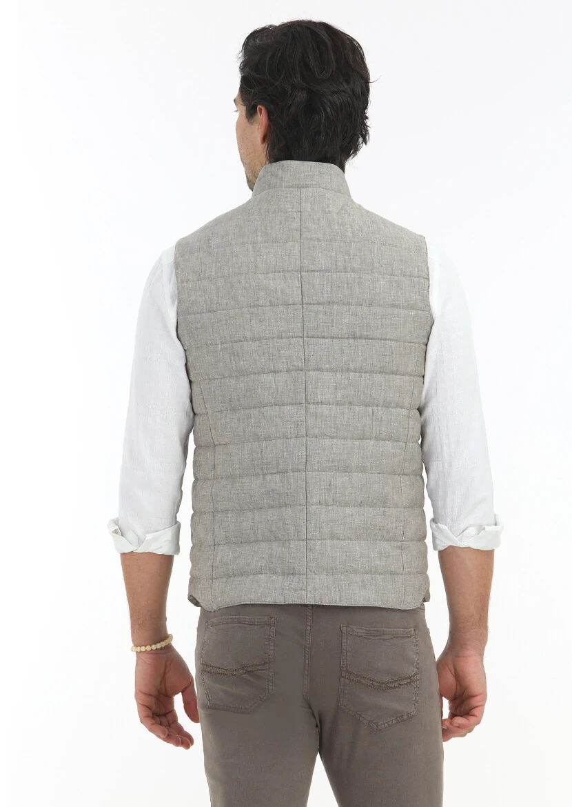 Light Brown Regular Fit Mandarin Collar Casual Weaving Puffer Vest - 5