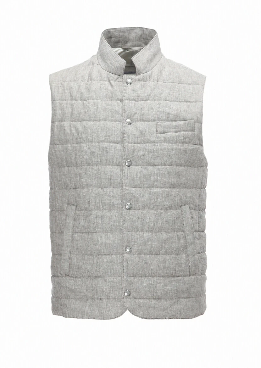 Light Brown Regular Fit Mandarin Collar Casual Weaving Puffer Vest - 6