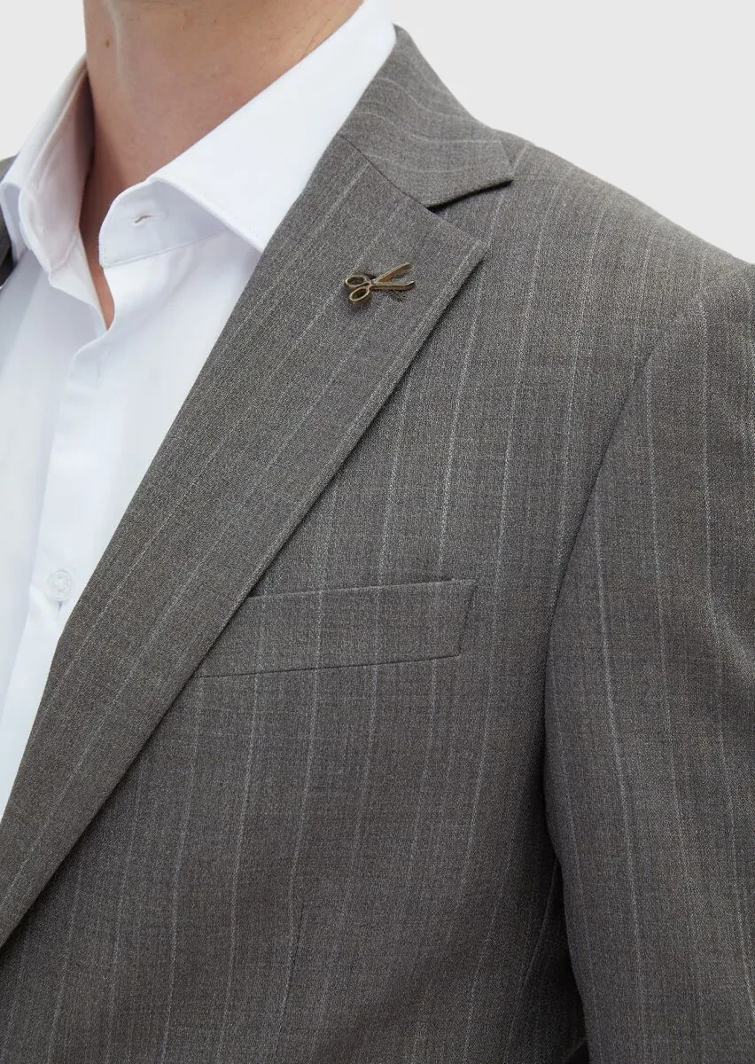 Light Brown Striped Modern Fit 100% Wool Suit - 4