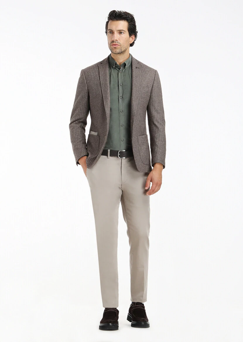 Light Brown Striped Zeroweight Slim Fit Wool Blended Jacket - 1