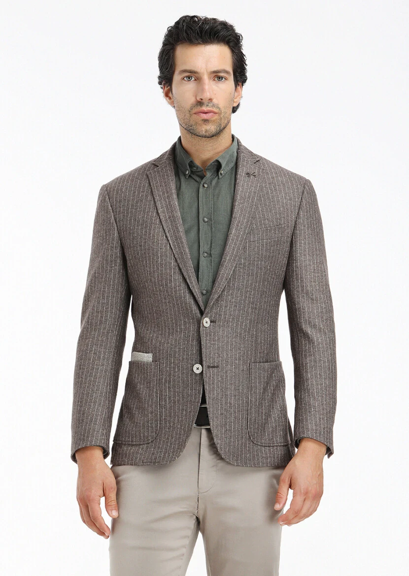 Light Brown Striped Zeroweight Slim Fit Wool Blended Jacket - 2