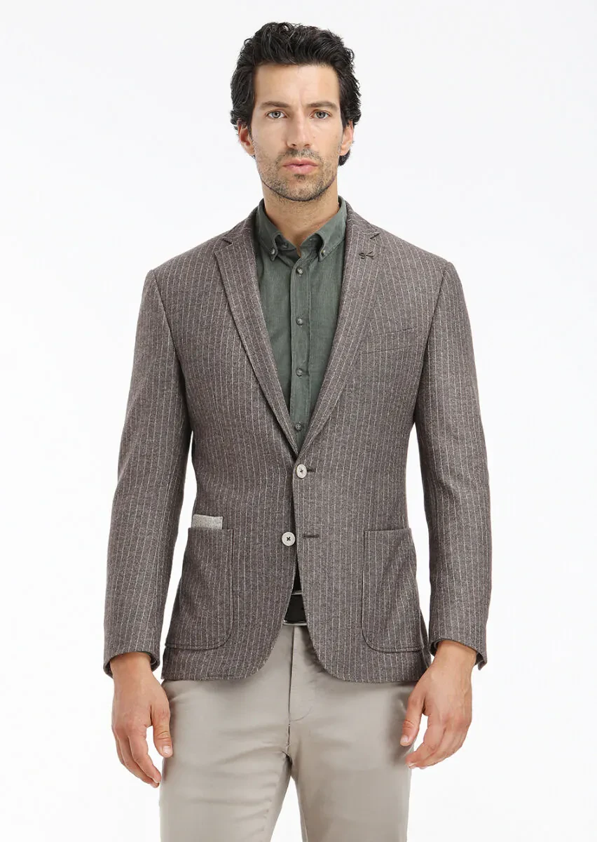 Light Brown Striped Zeroweight Slim Fit Wool Blended Jacket - 2