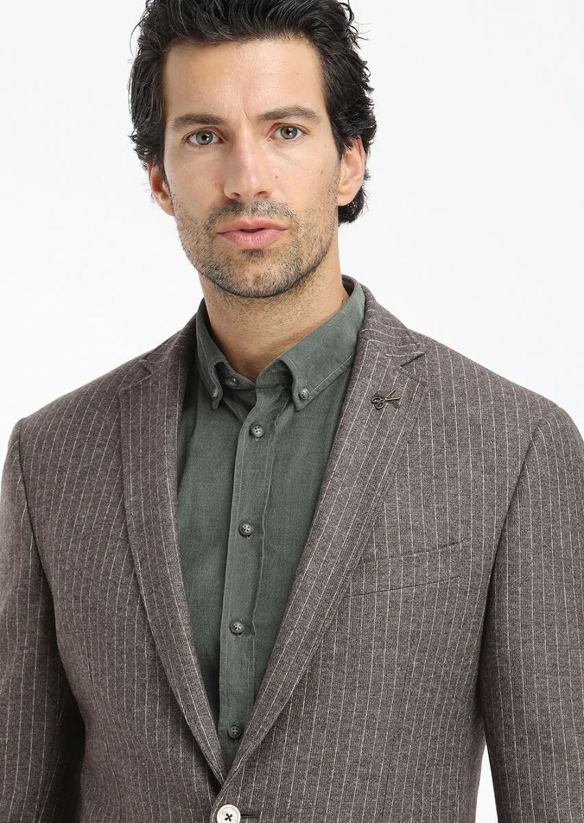 Light Brown Striped Zeroweight Slim Fit Wool Blended Jacket - 4