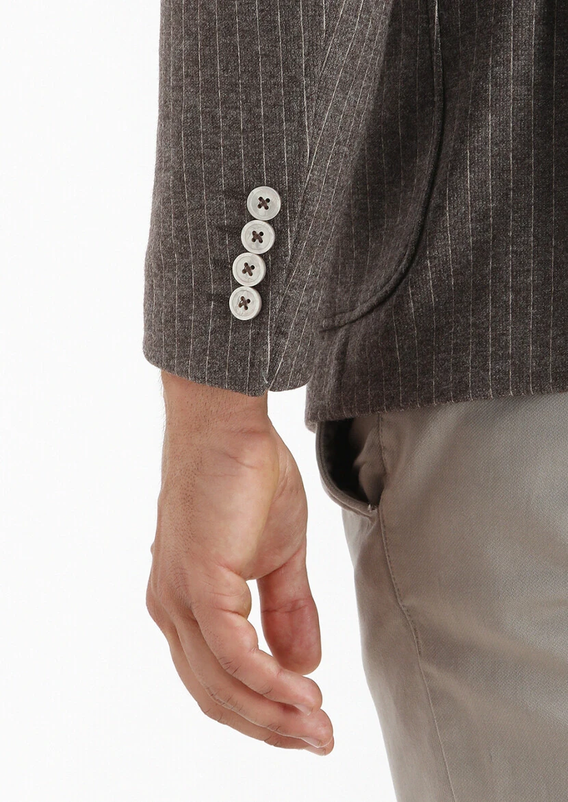 Light Brown Striped Zeroweight Slim Fit Wool Blended Jacket - 5