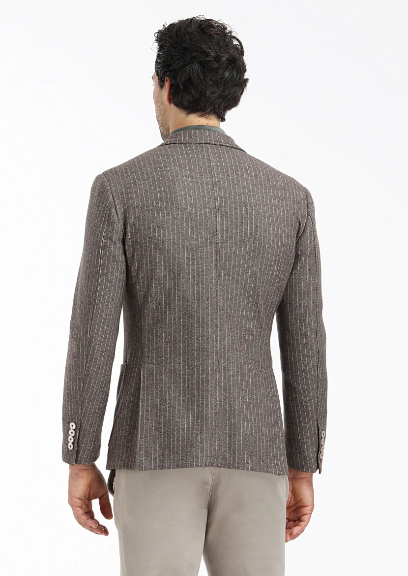 Light Brown Striped Zeroweight Slim Fit Wool Blended Jacket - 6