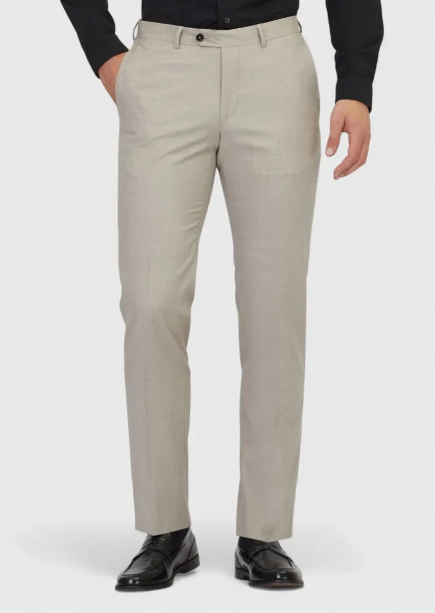 Light Brown Weaving Regular Fit Classical 100% Wool Trousers - 2