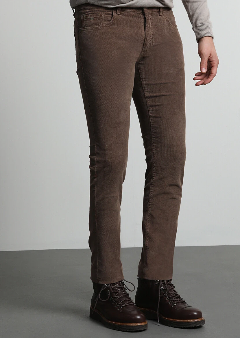 Light Brown Weaving Slim Fit Casual Cotton Blended Trousers - 2
