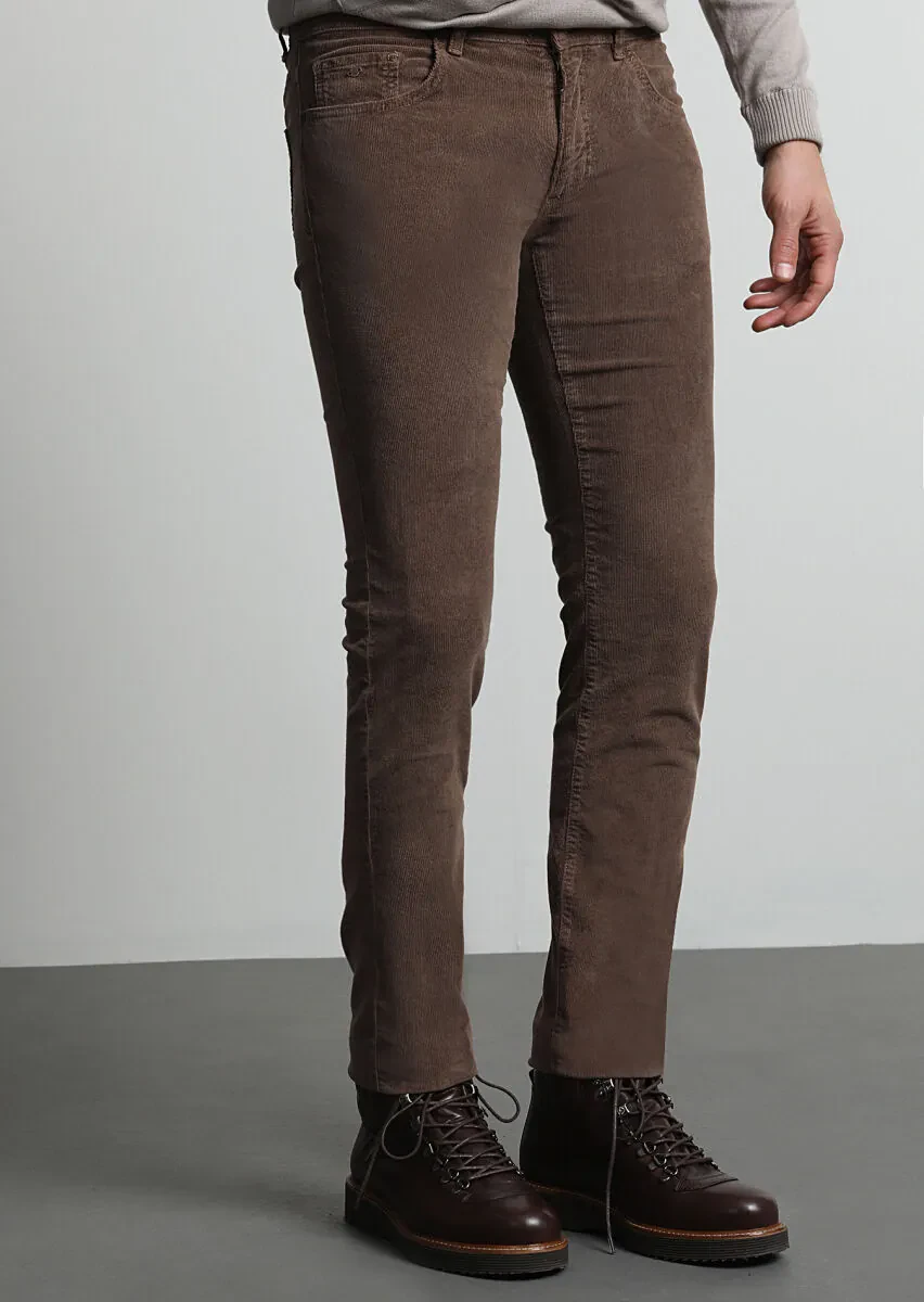 Light Brown Weaving Slim Fit Casual Cotton Blended Trousers - 2
