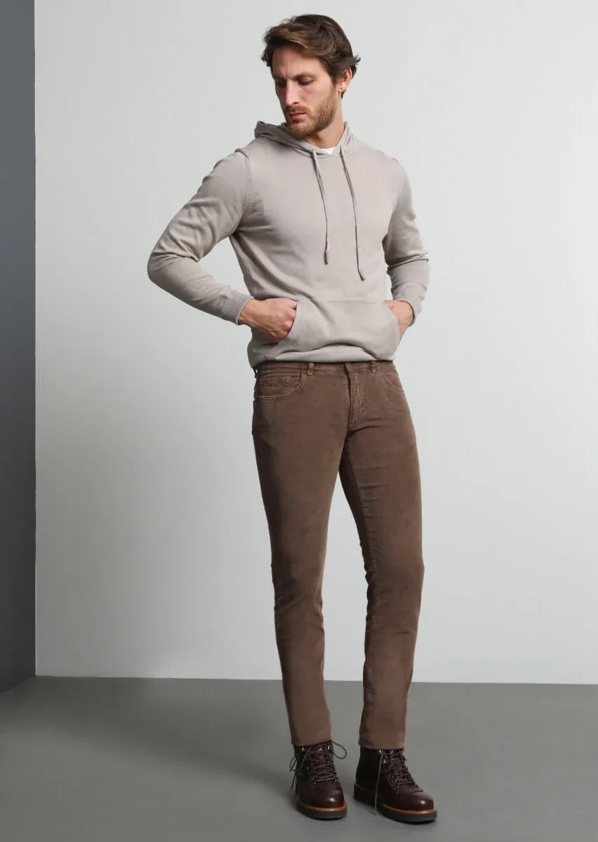 Light Brown Weaving Slim Fit Casual Cotton Blended Trousers - 3