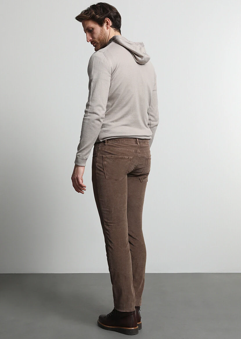 Light Brown Weaving Slim Fit Casual Cotton Blended Trousers - 4