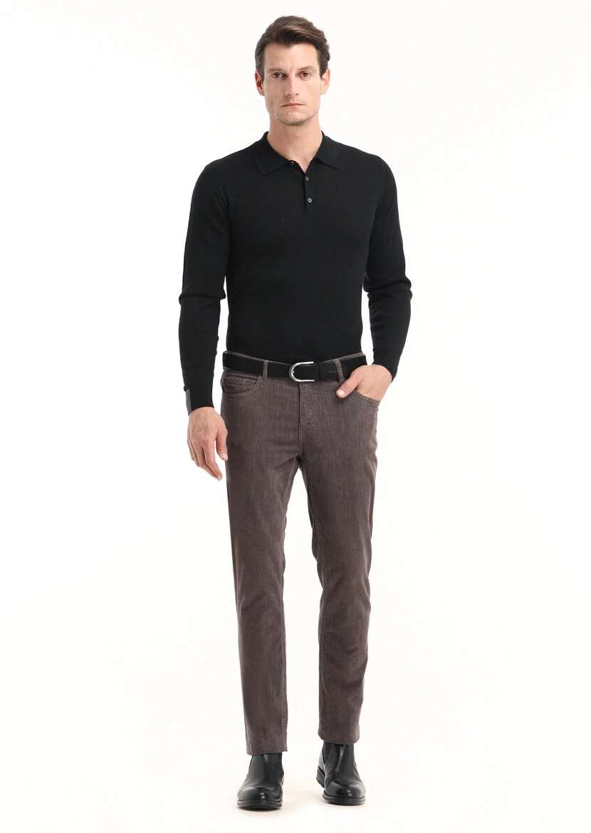 Light Brown Weaving Slim Fit Casual Cotton Blended Trousers - 1