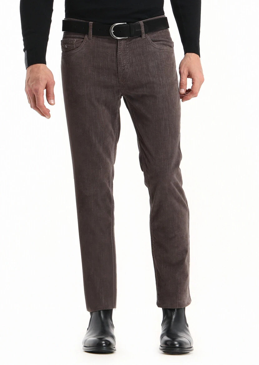 Light Brown Weaving Slim Fit Casual Cotton Blended Trousers 
