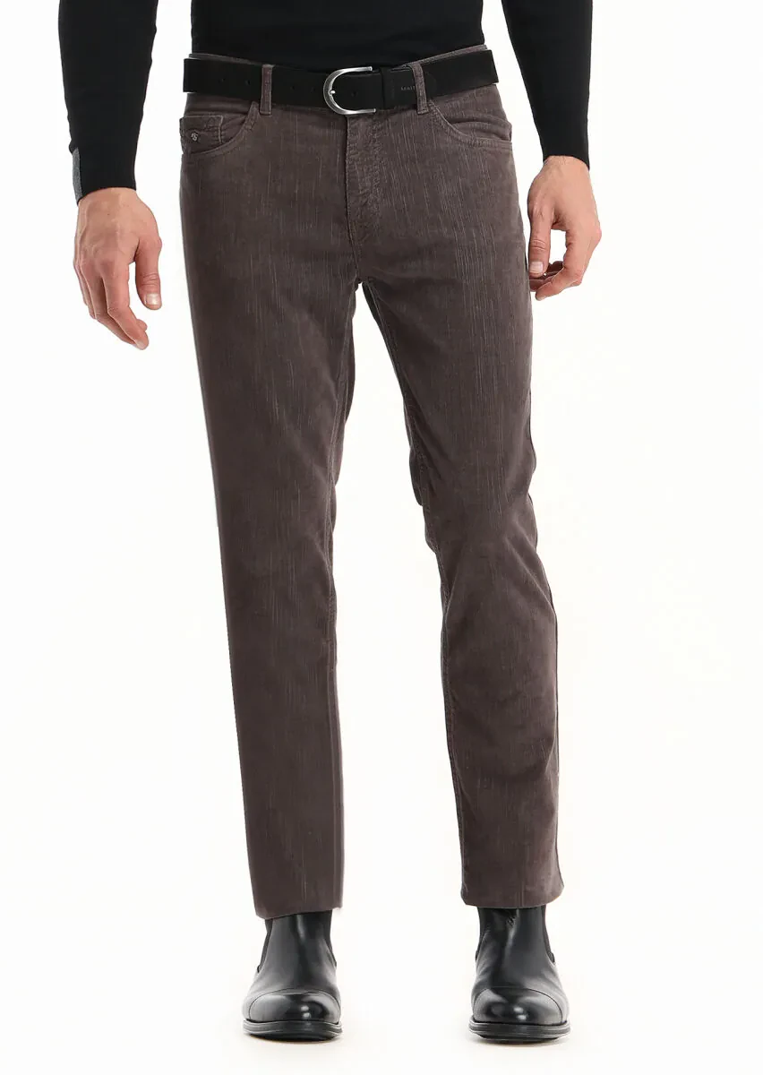 Light Brown Weaving Slim Fit Casual Cotton Blended Trousers - 2
