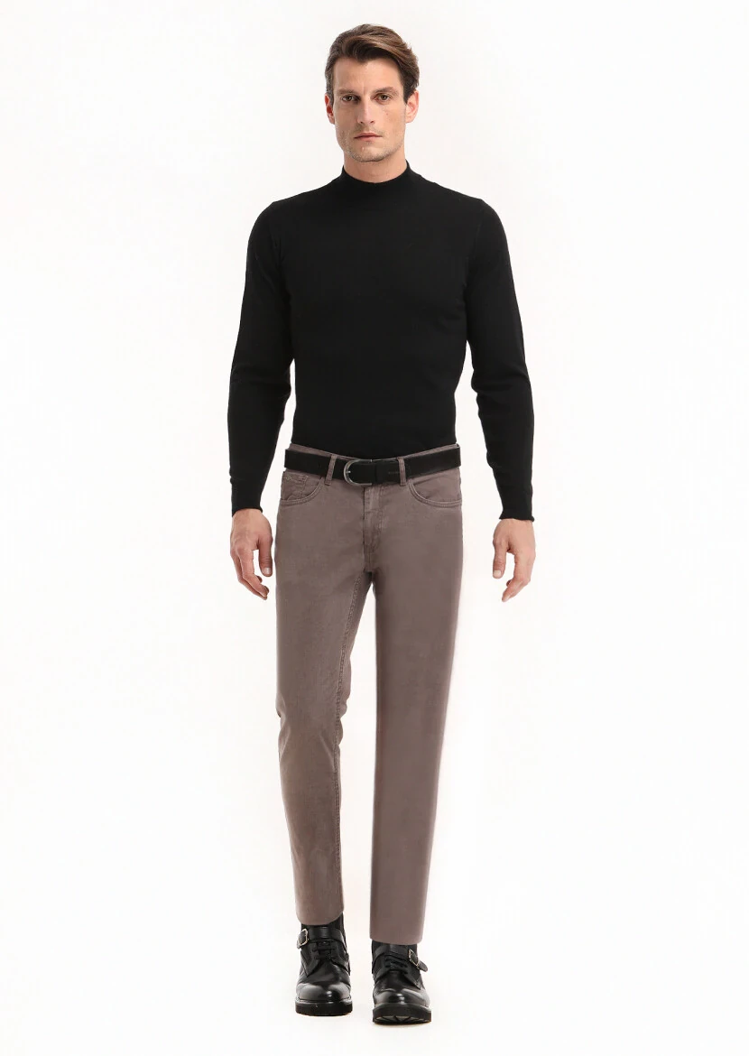 Light Brown Weaving Slim Fit Casual Cotton Blended Trousers - 2