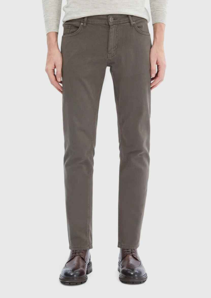 Light Brown Weaving Slim Fit Casual Cotton Blended Trousers 