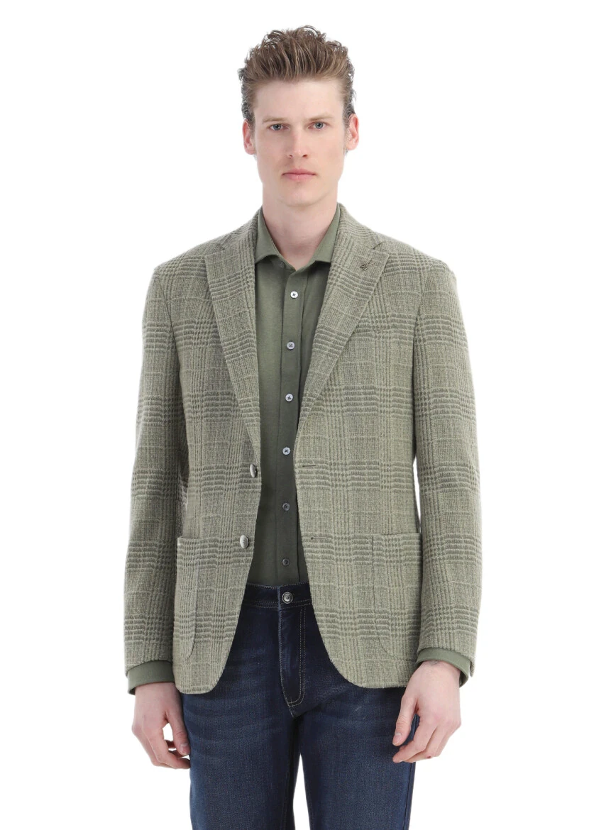 Light Green Checkered Shirt Shoulder Slim Fit Wool Blended Jacket - RAMSEY