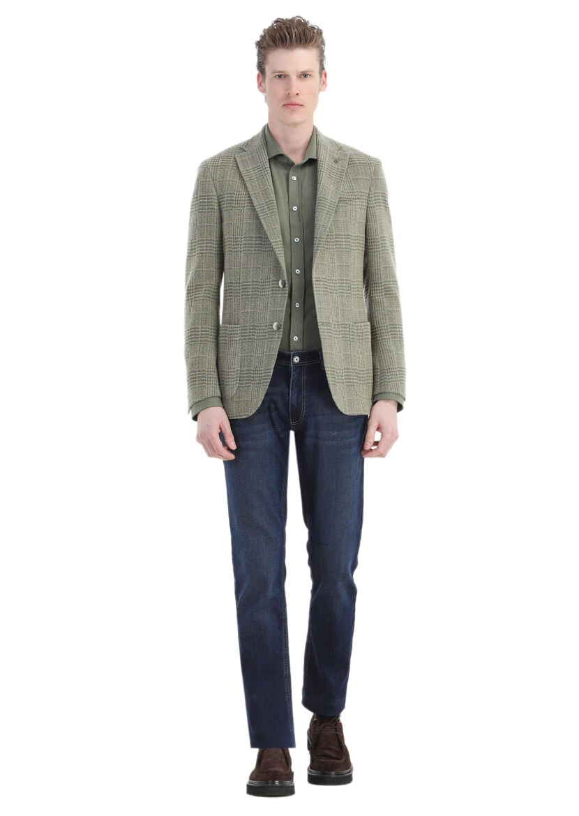 Light Green Checkered Shirt Shoulder Slim Fit Wool Blended Jacket - RAMSEY