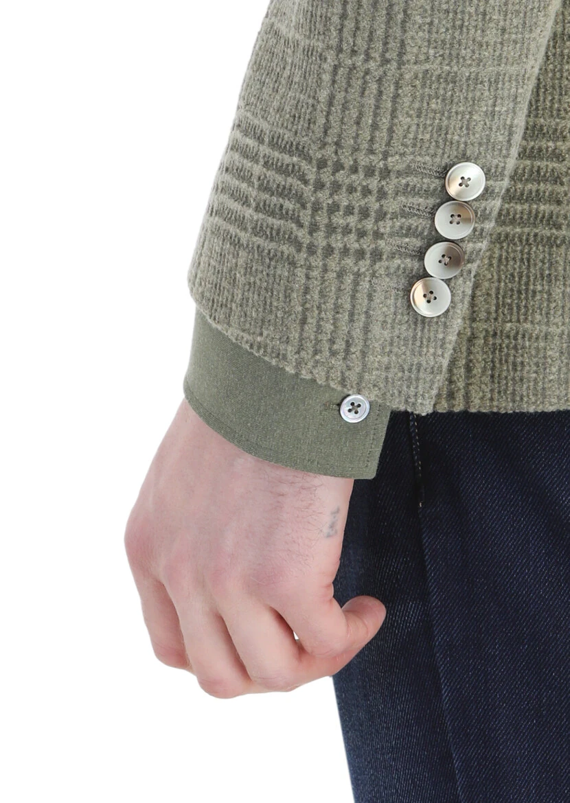 Light Green Checkered Shirt Shoulder Slim Fit Wool Blended Jacket - 5