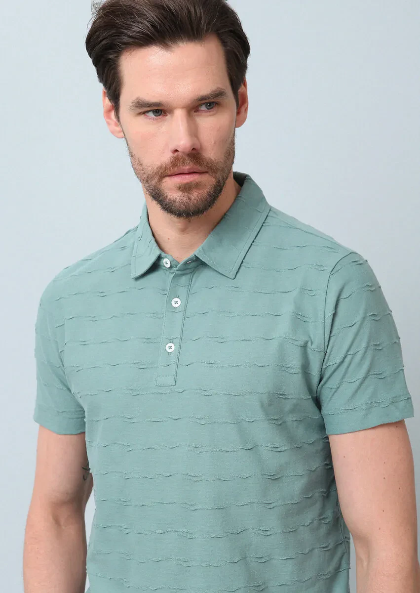 Light Green Jacquard Polo Neck 100% Cotton T-Shirt - 1