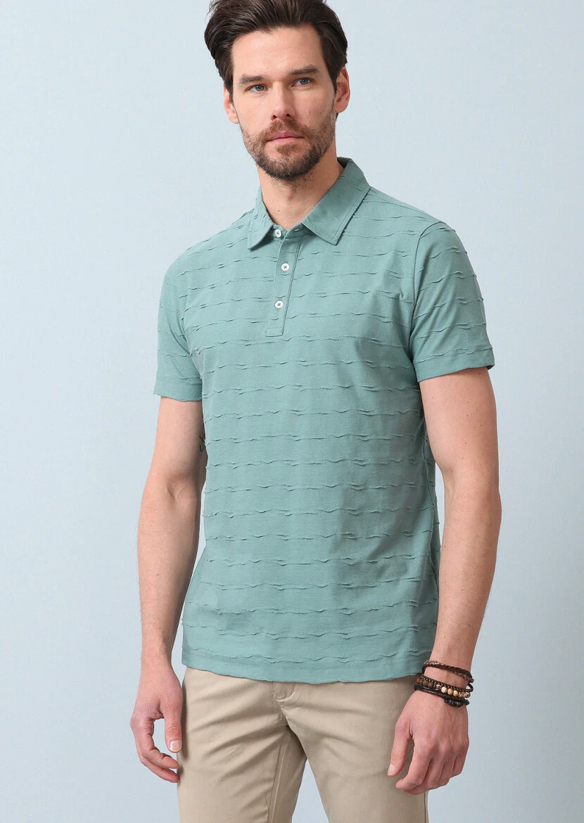 Light Green Jacquard Polo Neck 100% Cotton T-Shirt - 3