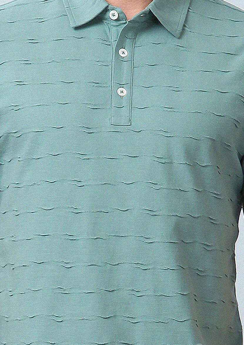 Light Green Jacquard Polo Neck 100% Cotton T-Shirt - 4