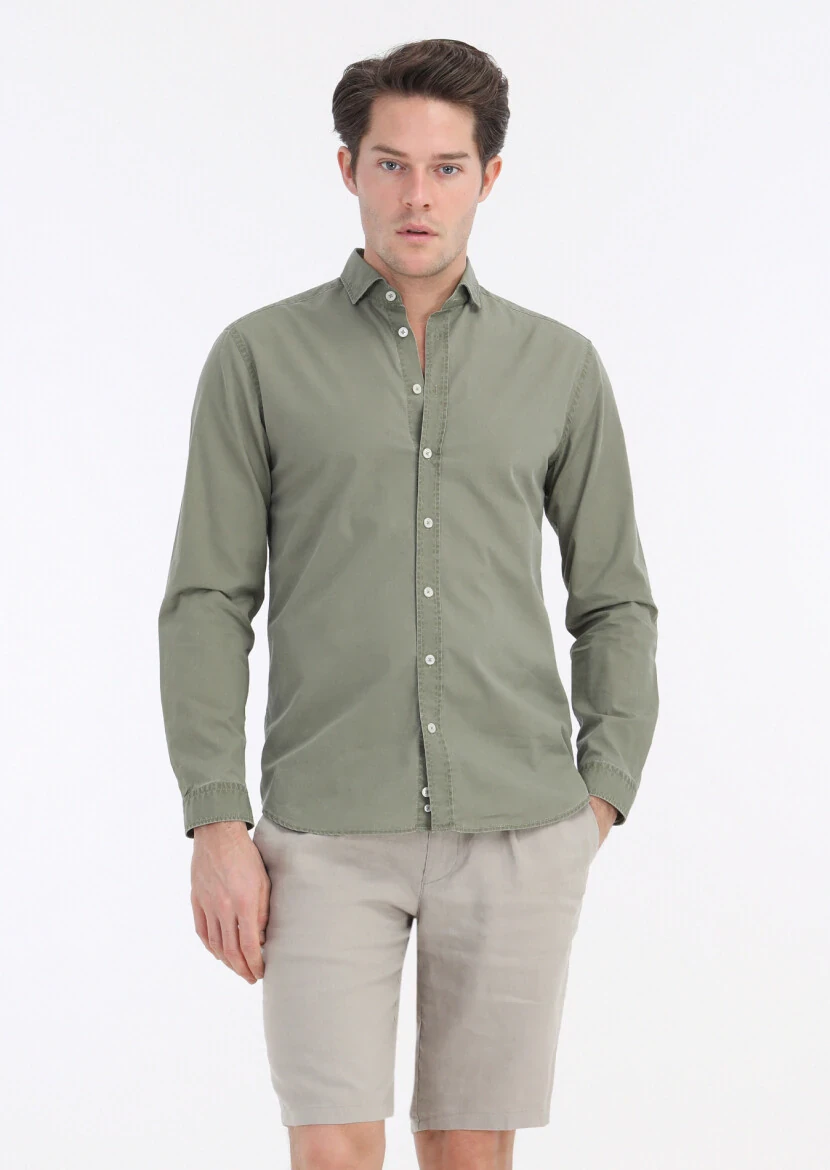 Light Green Plain Regular Fit Weaving Casual 100% Cotton Shirt - 2
