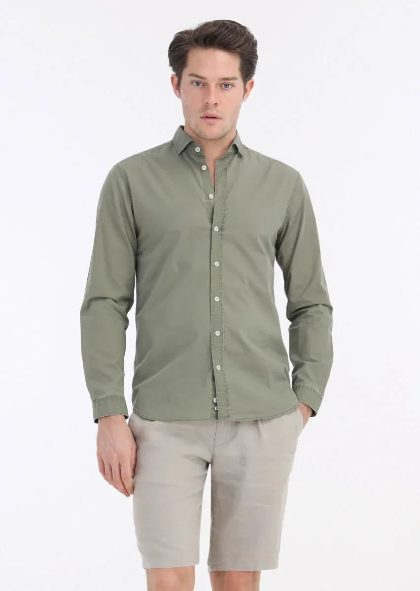 Light Green Plain Regular Fit Weaving Casual 100% Cotton Shirt - 2