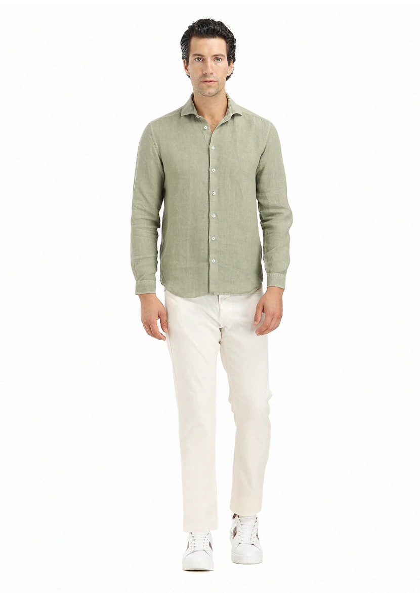 Light Green Plain Regular Fit Weaving Casual Cotton Blended Shirt - 1