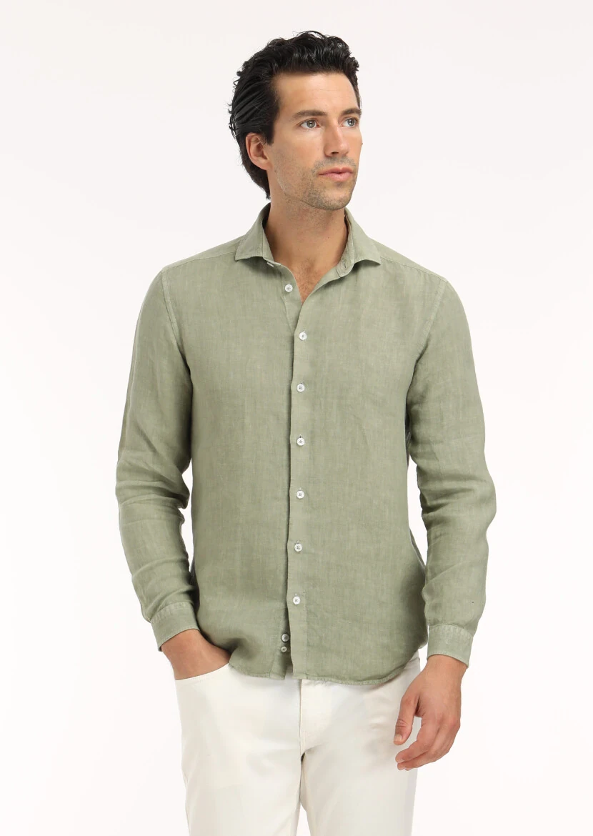 Light Green Plain Regular Fit Weaving Casual Cotton Blended Shirt 