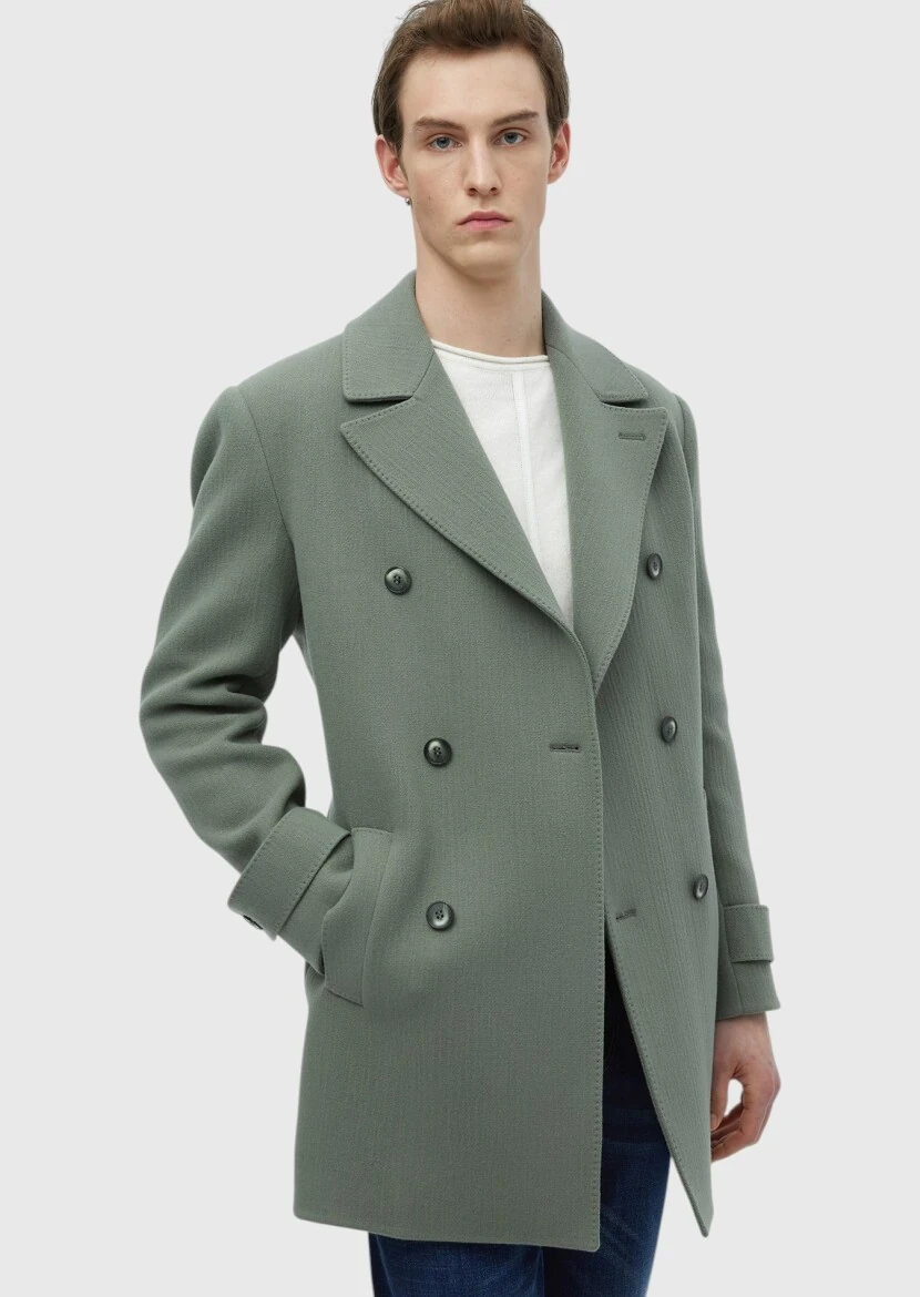 Light Green Regular Fit Double Breasted Collar Casual Weaving Overcoat - RAMSEY